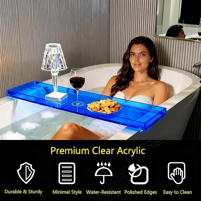 Bathtub Tray Table, Clear Acrylic, Anti-Slip Bath Caddy, (Blue, L32.3″ x W7.87″ x H1.18″)
