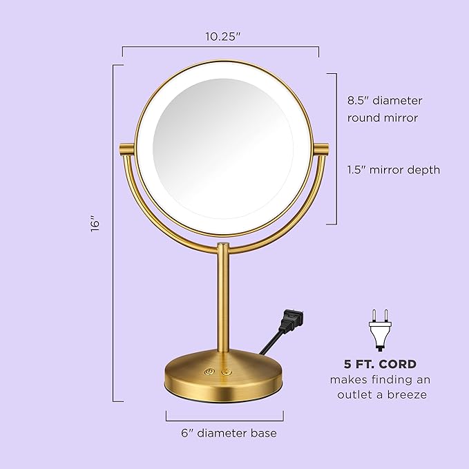 Conair Lighted Makeup Mirror, Double-Sided LED Vanity Mirror with 1X/10X Magnification, 3 Light Settings, 3 Modes, 360° Rotation, Brushed Brass Finish
