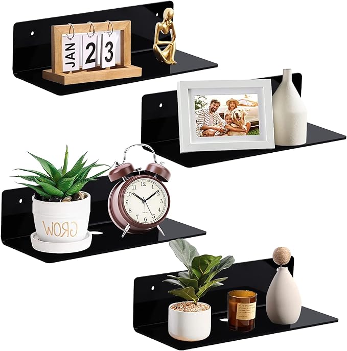 9 Inch Acrylic Floating Shelf No Drill Adhesive Wall Shelf Set of 4 for Funko Pop Storage, Floating Shelves Damage-Free Expand Wall Space for Living Room, Bathroom, Gaming Room, Office - Black