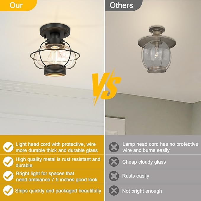 Porch Ceiling Light Fixture, Outdoor Flush Mount Ceiling Light with Glass Globe Shade, E26 Standard Base Industrial Farmhouse Lamp for Hallway Bedroom Balcony Porch Stairway