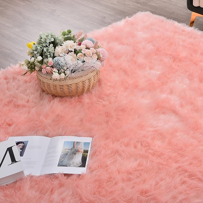 Shag Area Rugs 9x12 Rugs for Living Room Pink Washable Fluffy Sheepskin Fur Rugs for Bedroom Nursery Fuzzy Rug