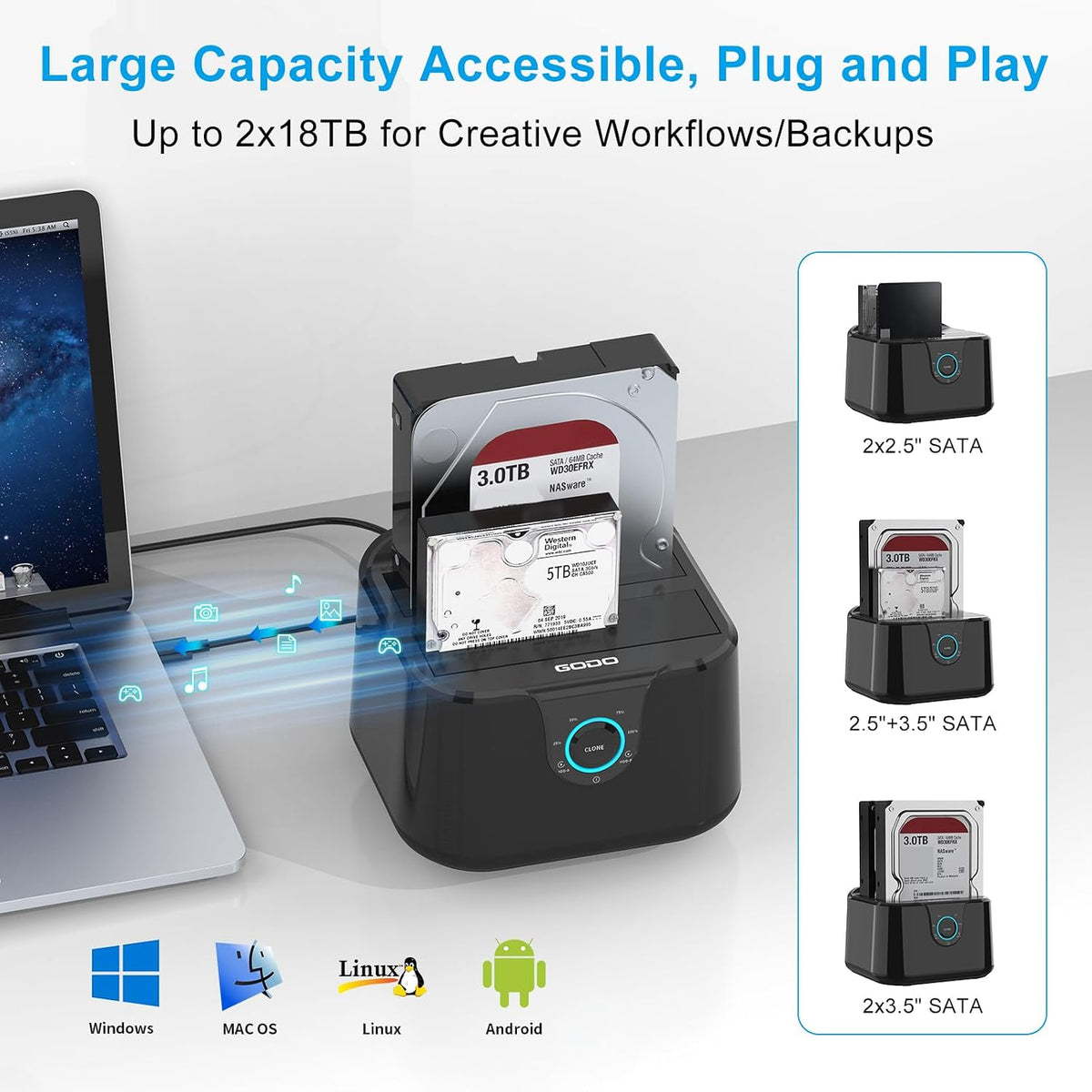 GODO 3.0 2.5/3.5 inch (5 USB to SATA III Mini Dual Bay External Hard Drive Docking Station for HDD SSD,Support Offline