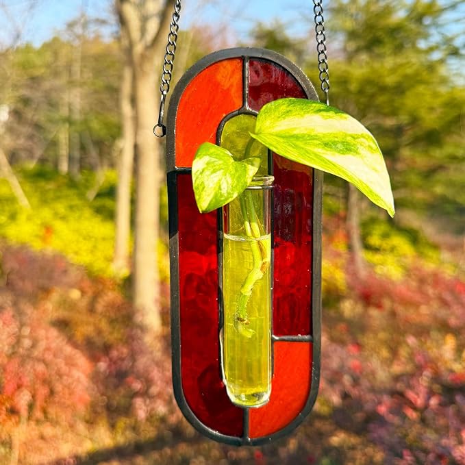 LITMIND Transparent Stained Glass Propagation Station - Handcrafted Suncatcher Hanging Planter with 2 Glass Tubes, Multi-Color Hydroponic Wall Décor for Windows, Home & Garden