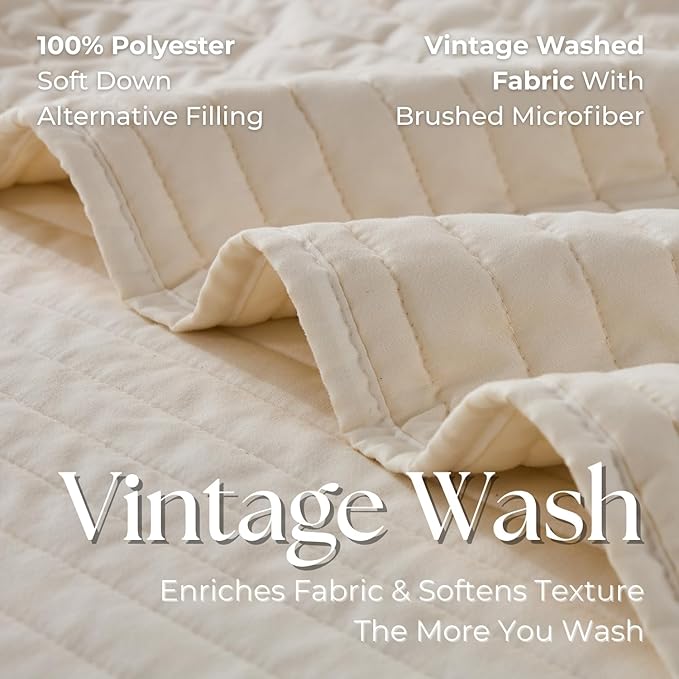 DOWN HOME Cali King Quilt Bedding Set with Shams, Vintage Washed Quilted Blanket Thin Comforter Lightweight Bedspread Coverlet Bed Cover, Brushed Microfiber Stripe Stitching, Linen White, 111"x92"