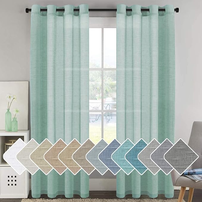 H.VERSAILTEX Linen Curtains Nickel Grommet Natural Linen Semi-Sheer Curtains 2 Panels Privacy Added Premium Soft Rich Material Drapes for Bedroom/Livingroom/Sliding Door - 52x96 - Inch - Sea Mist