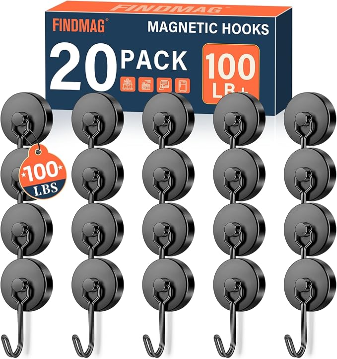 FINDMAG 100 LBS Magnetic Hooks Heavy Duty, 20 Pack Extra Strong Magnetic Hooks for Hanging, Neodymium Magnet with Hook for Cruise Cabins, Large Magnetic Swivel Hooks for Garage, Kitchen, Office, Grill