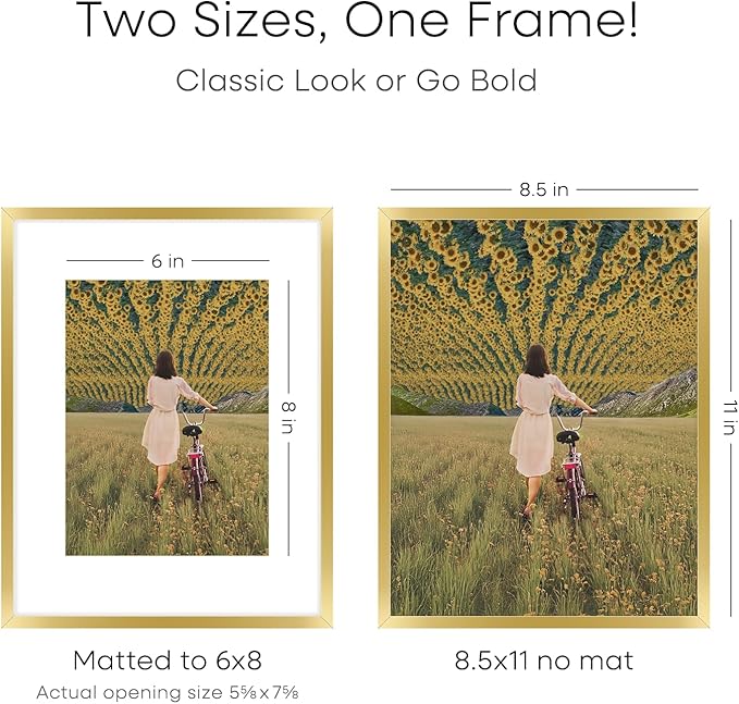 Homeforia 8.5 by 11 Picture Frame Gold, High End Metal 8.5x11 Poster Frames with Mat 6x8 Photo, 8.5 x 11 Frame Matted to 6 x 8 Print, 8.5by11 Wall or Tabletop Frame, Tempered Glass, Wall Kit, Set of 2