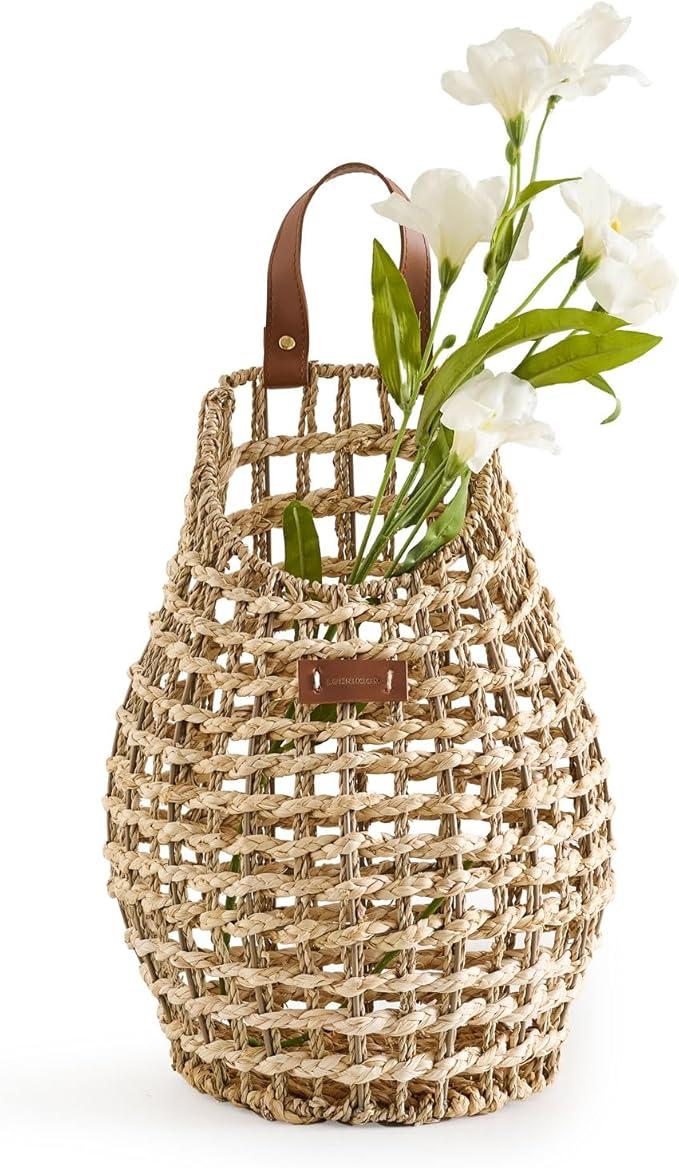 Woven Front Door Basket Water Hyacinth Wall Hanging Basket Decorative Boho Mounted Organizer for Dried Flower Plants Storage Basket for Garden, Home, and Farmhouse Décor (B_Corn Husk)