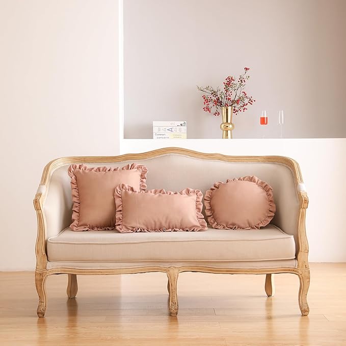 ISAENNE 2 Pcs Classic Pink Round Throw Pillow Cover Diameter 16", Solid Color Cottage Linen Cotton Decor Pillow Cover with Ruffles, Sturdy Throw Pillow Case for Couch Sofa Bed Living Room