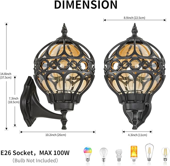 Outdoor Wall Lights, Black Globe Porch Light, Spherical Aluminum Exterior Lighting Fixtures for Patio Yard Doorway Garage, Anti-Rust Waterproof Globe Outside House Lantern Wall Mount, 2 Pack
