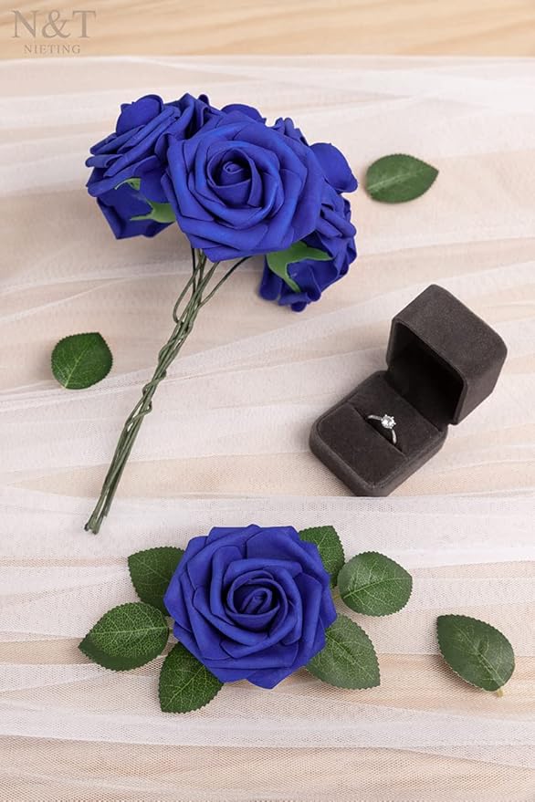 N&T NIETING Artificial Flowers, Royal Blue Fake Flowers Roses with Stems for DIY Wedding Bridal Bouquets Centerpieces Bridal Shower Party Home Flower Arrangement Decorations, 25Pcs