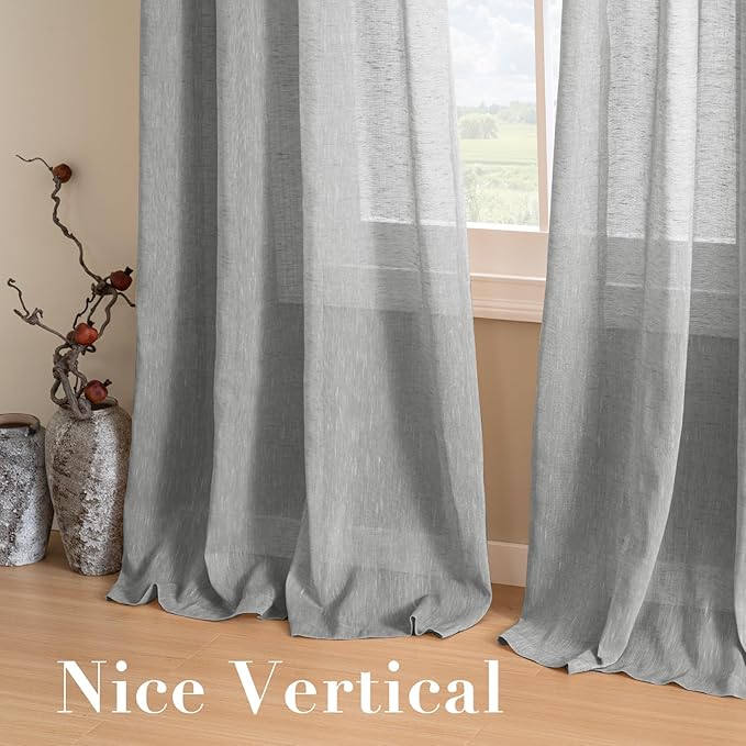 H.VERSAILTEX Linen Sheer Curtains 72 Pair Set Linen Textured Semi-Sheer Curtains Nickel Grommet Window Treatment Panels for Living Room, Open Weave - 52" W x 72" L, Grey