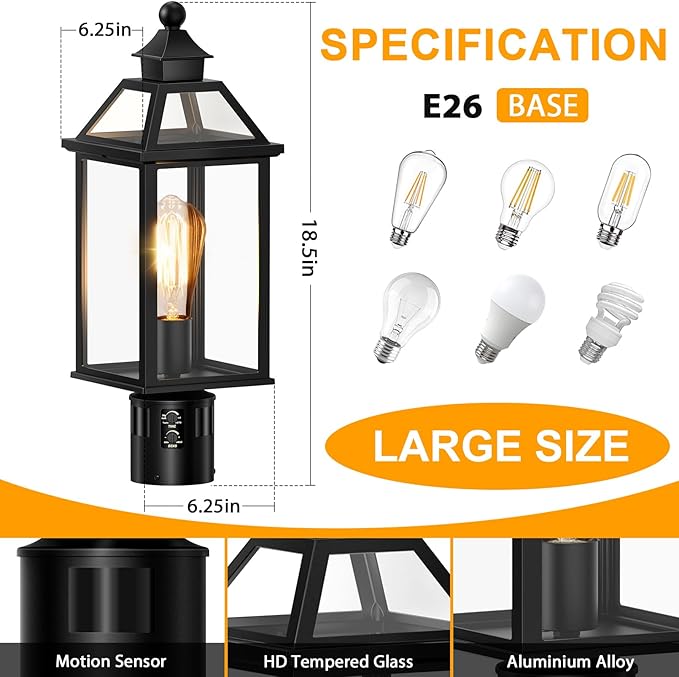 18.5" Motion Sensor Outdoor Post Lights, 360° Detection Lamp Pole Light Fixture 4 Lighting Modes, Large Waterproof Aluminum Outside Exterior Lantern for Garden, Porch, Pathway, (Black)