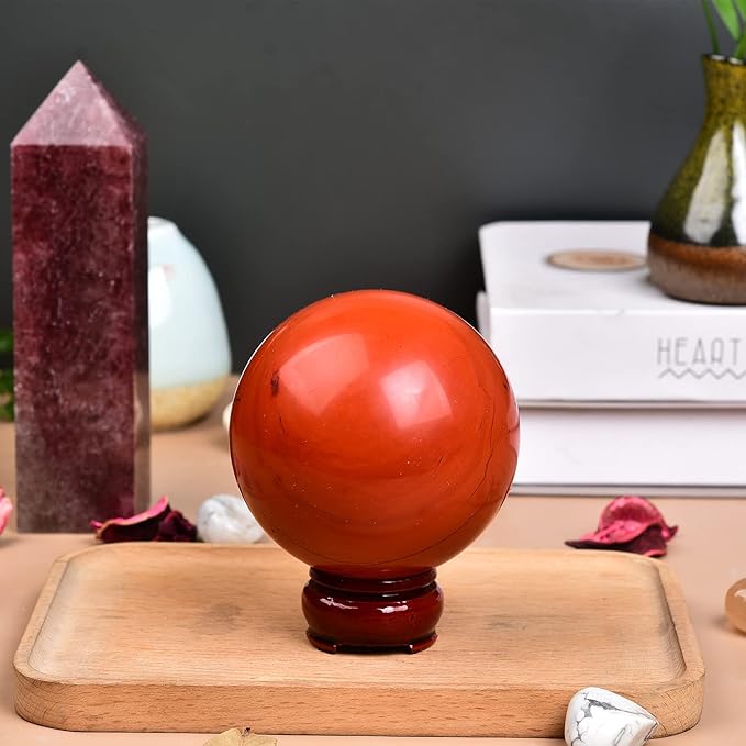 JIC Gem Natural Red Jasper Healing Crystal Ball Divination Gemstone Sphere Ball,Feng Shui Reiki Aura Home Desk Decor (80-90mm)