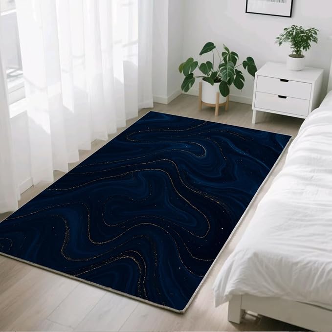 Luxury Marble Rugs - 7x10 Area Rug, Navy Blue Marble Area Rugs, Modern Abstract Living Room Rug, Washable & Non Slip Large Rug Home Decor