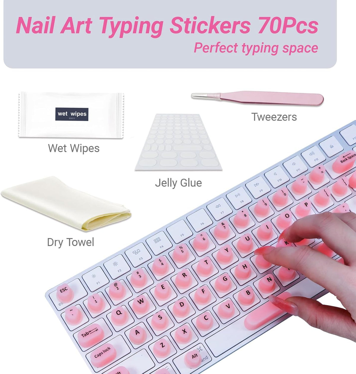 WANTHER (70 Raised Keyboard Stickers for Long Nails with Letters - Heart-Shaped Antistatic Silicone Protective Cover