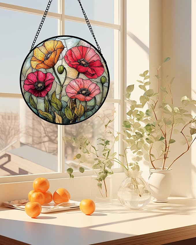 Stained Glass Suncatcher, Red Orange Poppy Flowers Sun Catcher Silver Background Wildflowers Window Hanging Decor Christmas Mother Birthday Gifts for Women Men Mom Nana 6.3 in