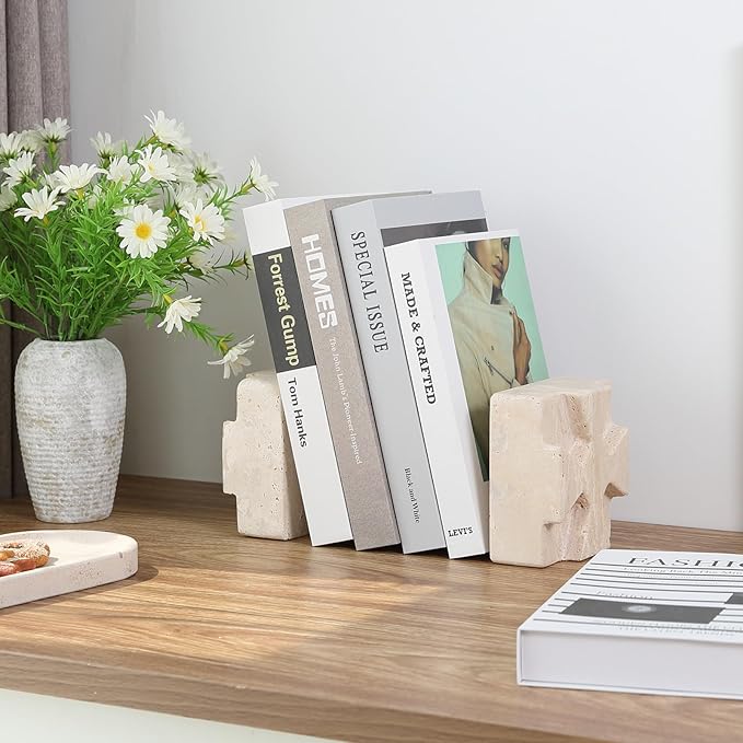 Natural Marble Square Book Ends, Heavy Duty Bookends for Shelves, Non-Skid Stone Book Holders, Unique Modern Aesthetic Office Bookshelf Decor for Books/CDs(Travertino Turkey)