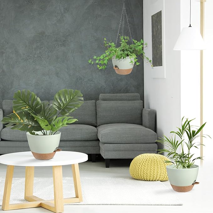 Hanging Planters for Indoor Outdoor Plants, 1 Set Self Watering Hanging Pot with Drainage Holes & Removable Tray (Green-12inch, 12'')