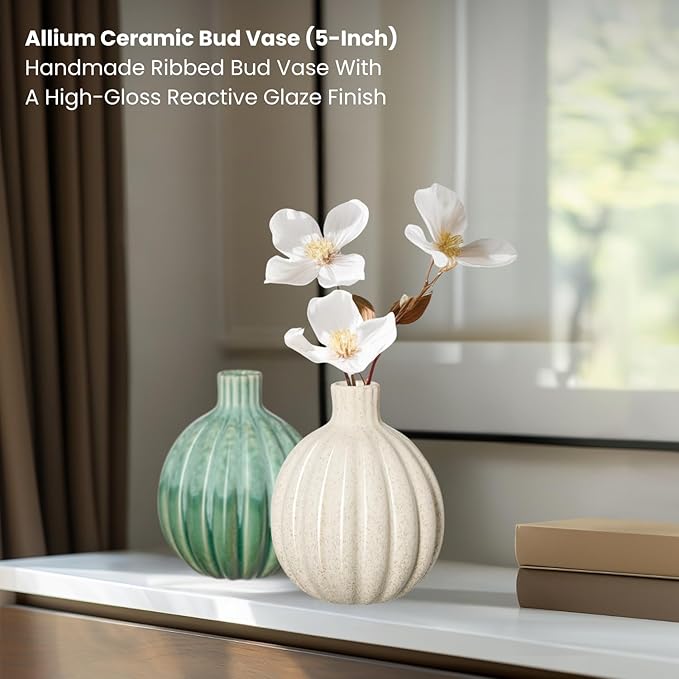 Torre & Tagus Allium Reactive Glaze Ceramic Bud Vase - 5 Inch Small Flower Vase & Small Ceramic Vases for Flowers, Handmade Ribbed Bud Vases for Home Decor & Wedding Decor for Table