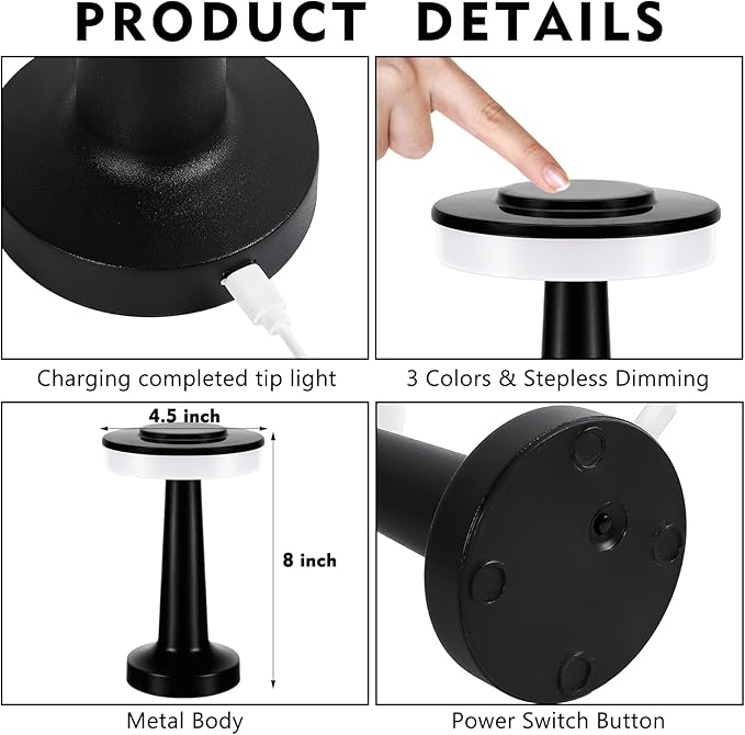 Riakrum 2 Pcs LED Portable Cordless Table Lamp with Touch Sensor 3 Color Stepless Dimming Rechargeable Battery up to 15 Hours Cordless Table Light Wireless Lamp for Nursery (Black)