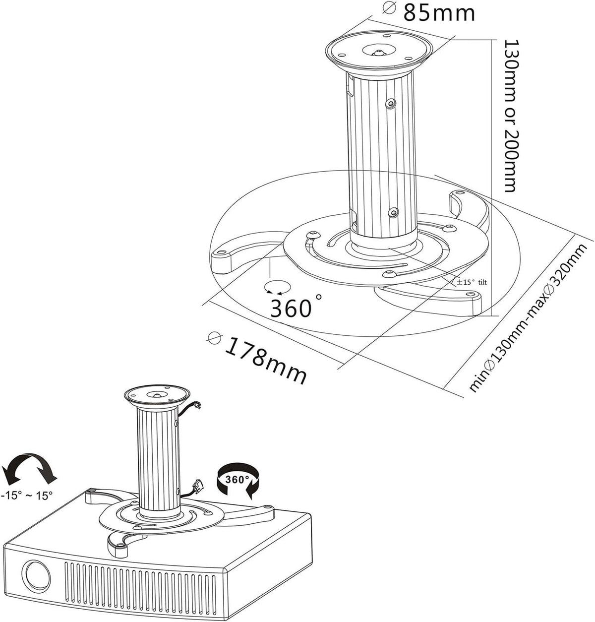 Cmple 360 22lbs - Universal Adjustable Ceiling Projector Mount, Degree Swivel Rotatable Projector Bracket - Max