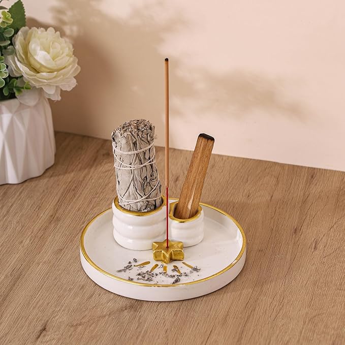 Ceramic Incense Holder Burner, Sage Holder for Burning, Palo Santo Sticks Holder, 5.51" Ash Catch Tray, Smudge Dish for Meditation Yoga, Modern Home Decor Gift