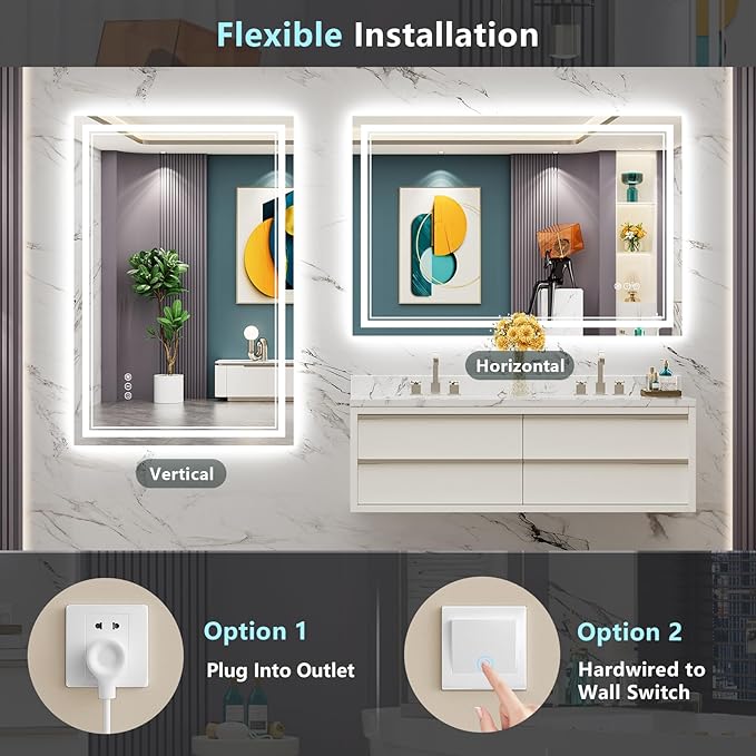 48x28 LED Bathroom Mirror with Lights, Backlit + Front Lit, Anti-Fog Lighted Vanity Mirror for Bathroom Wall, 3 Colors, Dimmable, Memory, HD Tempered Glass, Shatter-Proof, CRI>90, ETL Listed