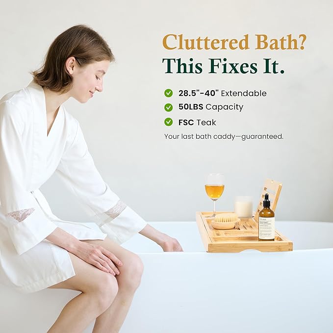 Bamboo Bathtub Tray, Bath Caddy with Wine Glass Holder, Phone Dock & Book Stand | Hands-Free Reading & Ultimate Spa Relaxation Experience-Natural