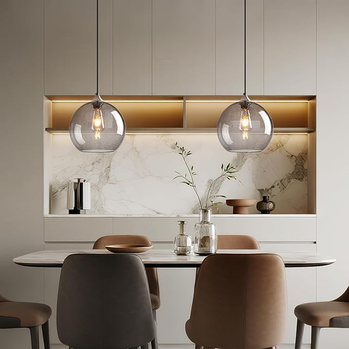 Light Grey Glass Pendant Lights Kitchen Island Globe Pendant Light Fixtures Modern Pendant Lighting for Bedroom Living Dining Room Light Fixture (9.84 in, 3 Pack)
