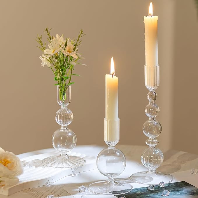 Hewory Glass Candlestick Holders Set: 3PCS Clear Candle Holder Taper Candle Holders Bulk, Crystal Ribbed Candle Sticks Holder Decor for Table Centerpiece Wedding Christmas Thanksgiving Dinner