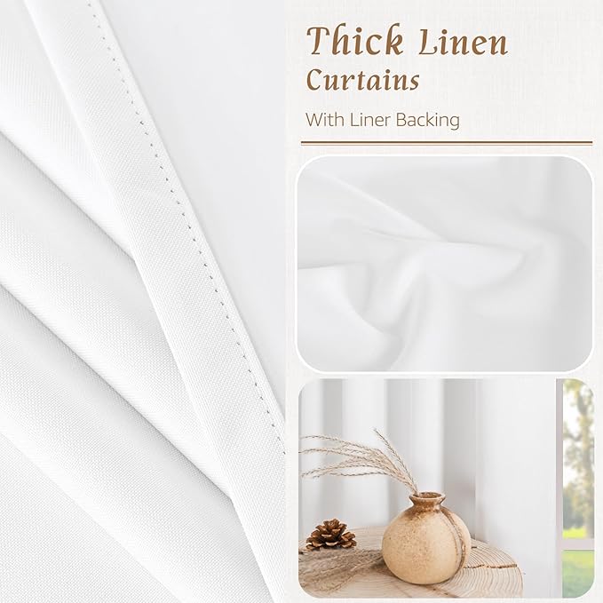 LAMIT 100% Blackout White Linen Curtains 48 Inches Long, Linen Textured Living Room Kitchen Window Curtains Full Room Darkening Back Tab and Rod Pocket Panels with White Liner, 2 Panels, 34 x 48 Inch