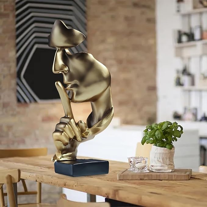 aboxoo Thinker Statue, Silence is Gold Abstract Art Figurine, Modern Home Resin Sculptures Decorative Objects Shelf Decor,Tabletop for Home Decor,Man Office Study Desk Statue (Large Gold)