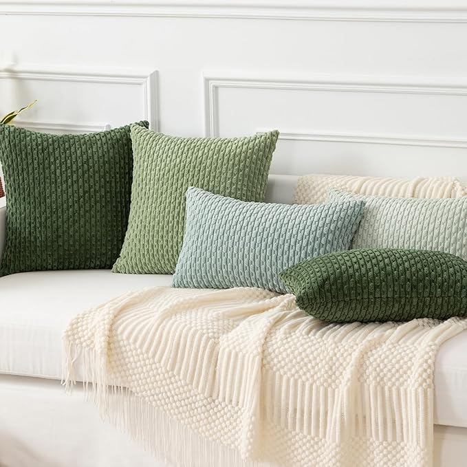 Kevin Textile 2 Packs Spring Decorative Throw Pillow Covers 16x16 Inch for Living Room Couch Bed Sofa Soft Striped Corduroy Square Cushion Case 40x40 cm Farmhouse Boho Home Decor Sage Green