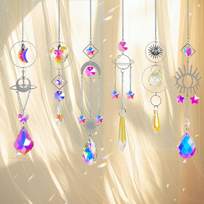 Sun Catchers 6Pieces Colorful Crystals Suncatcher with Chain Pendant Ornaments Hanging Crystals Prism Rainbow for Window Home Indoor Outdoor Car Mirror Garden Christmas Day Party Wedding Decoration