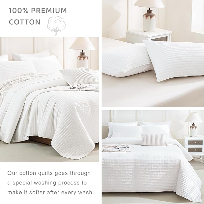 Sanracie Stonewashed Cotton Quilt Set King Size(110"x98"), Milk White Quilt Coverlet Bedding Set Cross Stitch Pattern 3Pcs Lightweight Crinkle Quilted Bedspread Set for All Season
