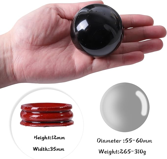 Sportmusies Natural Black Obsidian Stone Sphere with Wooden Stand, Polished Crystal Ball Decoration for Home & Office