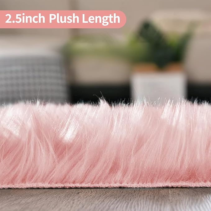 Pink Faux Fur Sheepskin Area Rug for Living Room Bedroom, 2 x 6 Feet Ultra Soft Shaggy Fuzzy Furry Carpet Chair Throw Runner Rugs for Kids, Girls, Nursery Room Decor Dorms