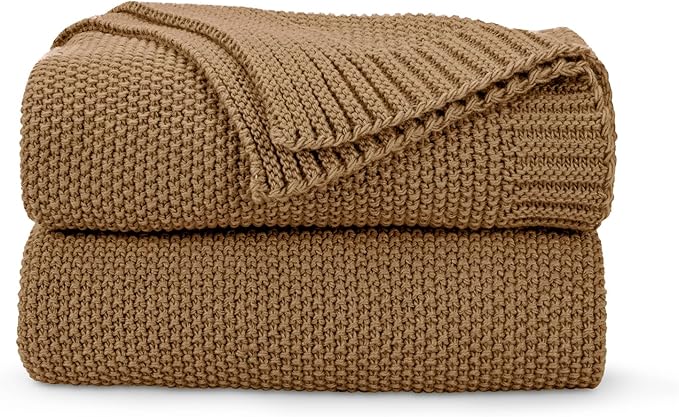 CozeCube Caramel Brown Throw Blanket for Couch, Soft Cozy Cable Knit Throw for Bed Sofa Living Room, Lightweight Warm Decorative Farmhouse Christmas Blanket, 60"x80", Light Brown