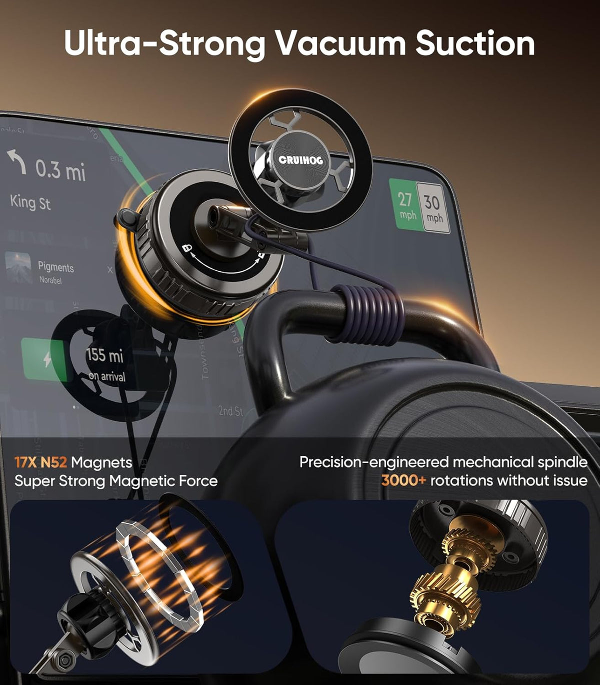 CRUIHOG Holder,3-AXIS 360 Car Phone Telescopic Arm Magnetic Phone Mount, Rotatable & Adjustable & Foldable Vacuum