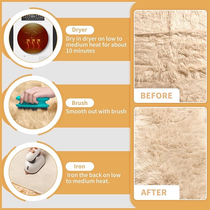 Ciicool Fluffy Faux Fur Area Rug 8 x 10 Feet, Beige Faux Sheepskin Rug Area Rug Large Shag Rug, Thick Shaggy Fuzzy Rugs Floor Carpets for Living Room, Bedroom, Dorm, Luxury Room Decor, Rectangle