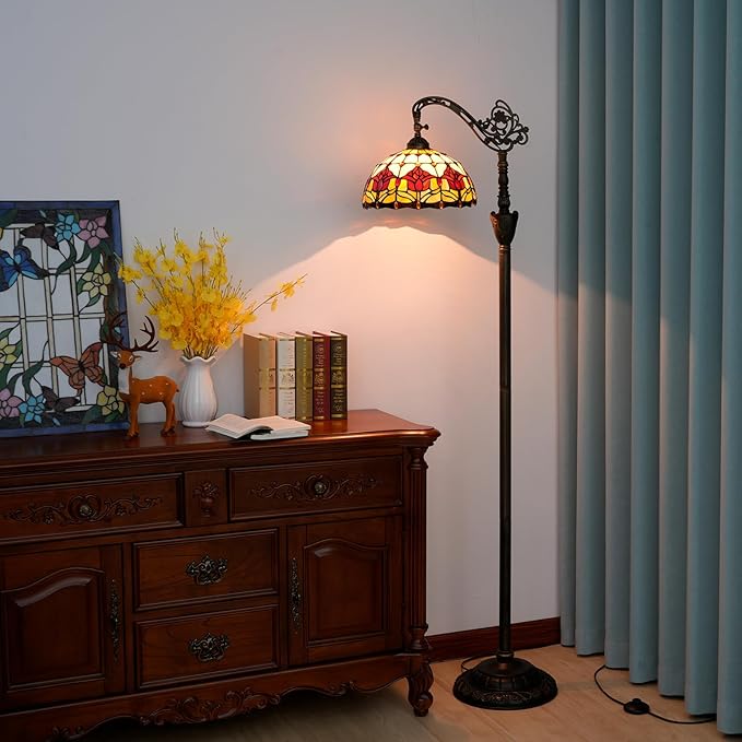 Tiffany Floor Lamp Vintage Standing Lamp Red Tulip Style Stained Glass Floor Light Rustic Corner Gooseneck Floor Lamp with Adjustable Angle for Home Decor Living Room Bedroom 12X12X63 Inches