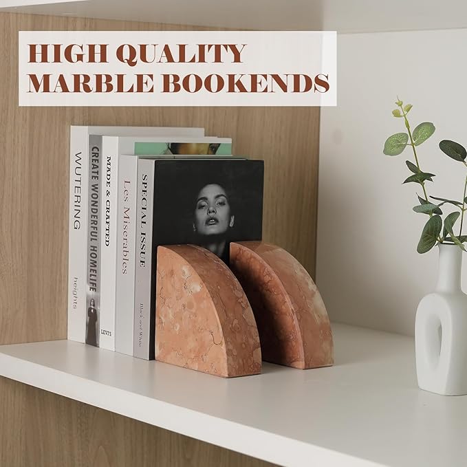 Marble Bookend for Shelves, Non-Skid Bookends for Heavy Books, Heavy Duty Book Stopper for CDs, Luxury Book Shelf Holder, Quarter Circle Design Book Ends Decorative, Perlino Rosato, Set of 2