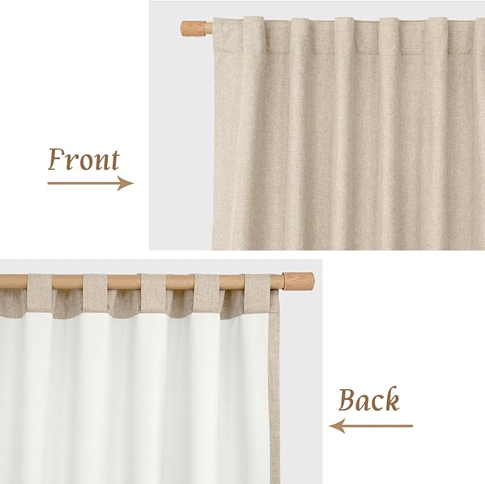 LAMIT 100% Blackout Natural Linen Curtains, 68 Inches Linen Textured Thermal Bedroom Curtains Back Tab and Rod Pocket Neutral Panels with White Liner for Farmhouse, 2 Panels, 52 x 68 Inch, Linen