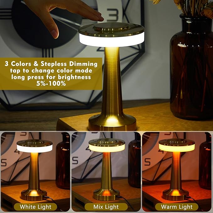 Riakrum 2 Pcs LED Portable Cordless Table Lamp with Touch Sensor 3 Color Stepless Dimming Rechargeable Battery up to 15 Hours Cordless Table Light Wireless Lamp for Nursery (Gold)