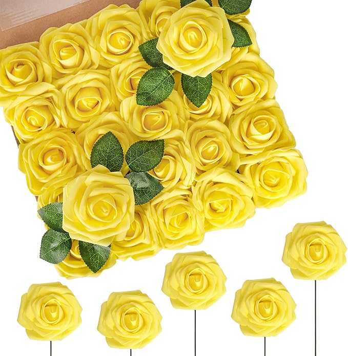 N&T NIETING Artificial Flowers Yellow Roses, 50 Pcs Fake Flowers Foam Roses Perfect for DIY Wedding Bouquets Centerpieces Bridal Baby Shower Party Home Flower Arrangement Spring Decorations