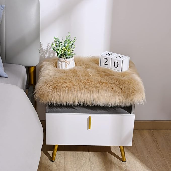 Softlife Camel Faux Fur Sheepskin Chair Cover 2 PCs Seat Cushion Pad Super Soft Area Rugs for Living Bedroom Sofa Dorm (1.6ft x 1.6ft)
