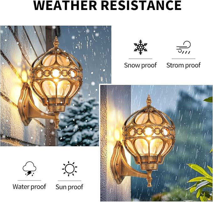 Gold Outdoor Wall Light Fixtures, Globe Exterior Aluminum Waterproof Porch Lights, Sphere Anti-Rust Outside Lantern Wall Mount with Amber Glass for Patio Backyard Garage Doorway, 2 Pack