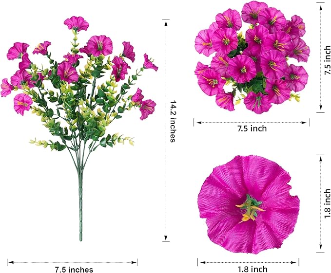 HyeFlora Artificial Flowers for Outdoors Fake Plants Outside Decoration, 12 Bundles Silk Colorful Morning Glory with Eucalyptus UV Resistant Realistic Faux Flowers for Planter Porch Patio Yard Garden