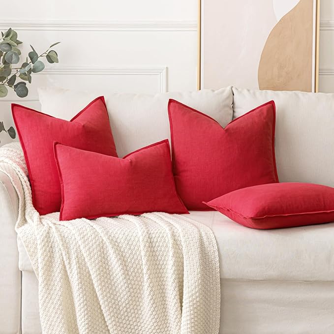 MIULEE Christmas Decorative Linen Pillow Covers 18x18 Inch Red Boho Farmhouse Neutral Couch Throw Pillows for Bed Pack of 2 Accent Modern Pillowcase Sofa Livingroom Home Decor